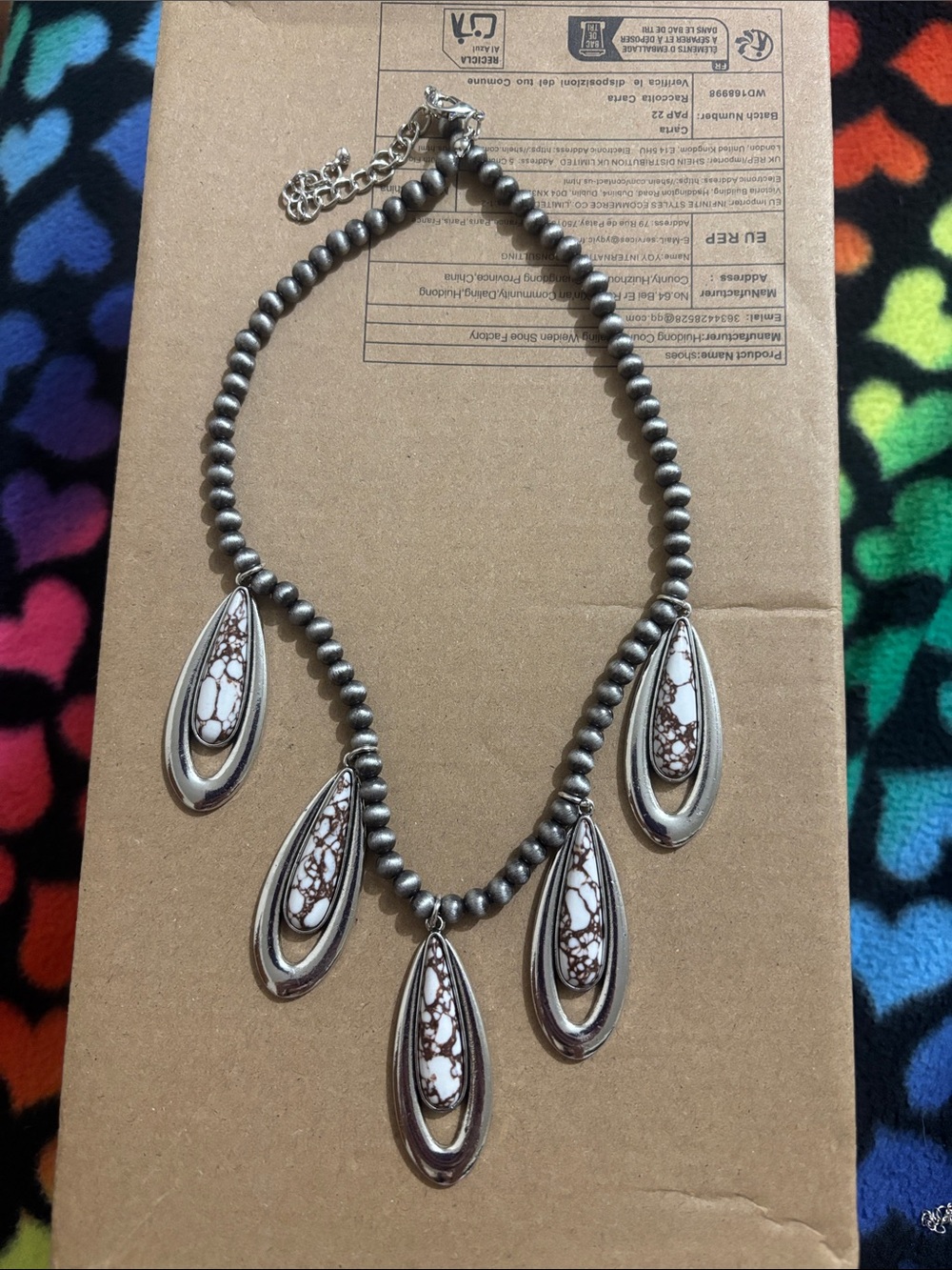 Beaded Silver-Tone Necklace with White Marbled Teardrops